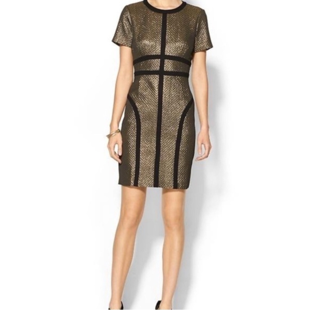 PIM & LARKIN QUILTED GOLD METALLIC & BLACK FITTED MINI DRESS SZ 0